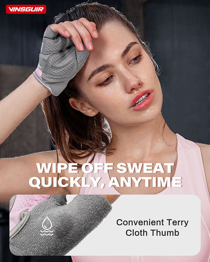 Terry cloth sweat wipe strip on thumb of VINSGUIR workout gloves