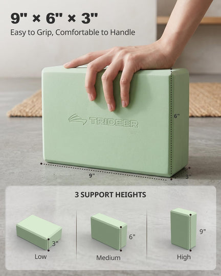 Sage green Trideer yoga block measuring 9 x 6 x 3 inches, shown in three positions for different support heights.