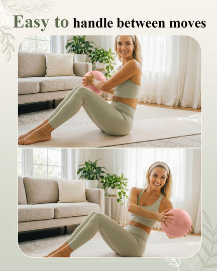 Woman performing seated torso rotations with a pink Trideer mini Pilates ball during a home workout