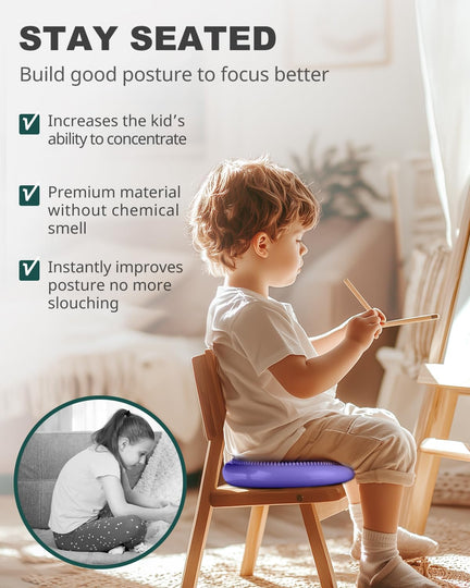 Child using wobble cushion for improved focus and posture