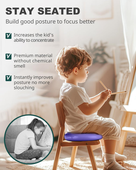 Child using wobble cushion for improved focus and posture