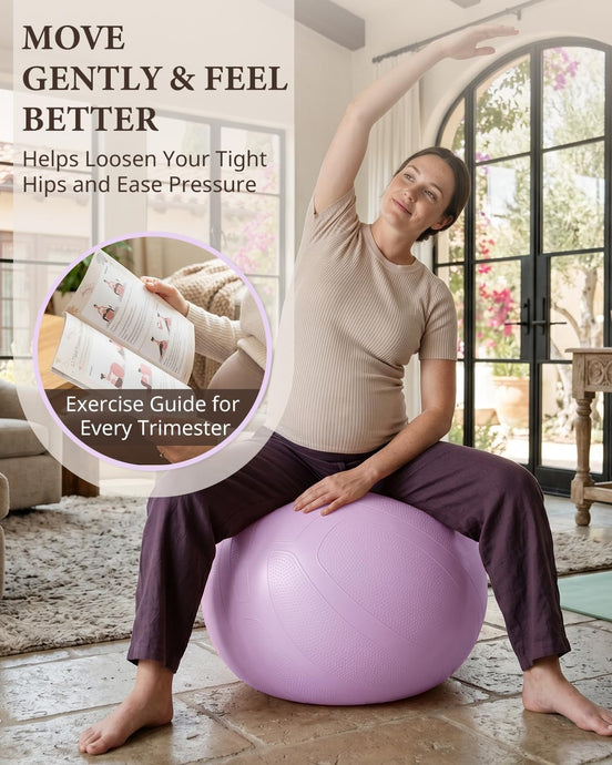 Pregnant woman stretching on a purple Trideer pregnancy ball, with prenatal exercise guide.