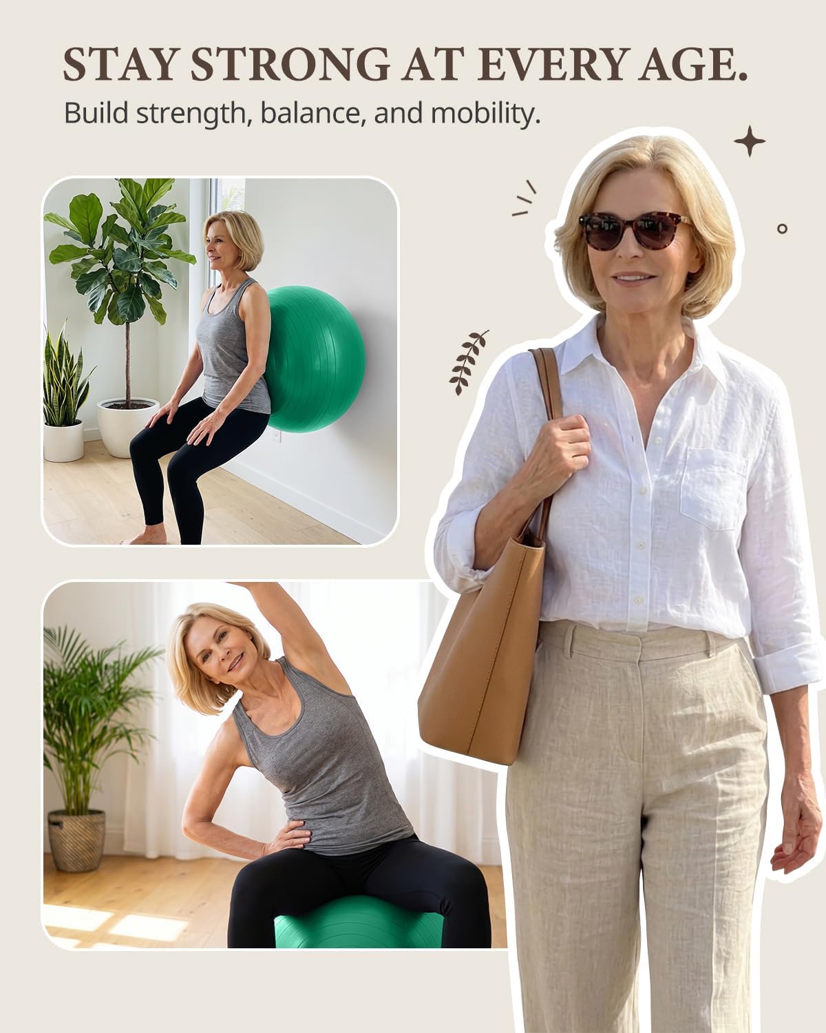 Mature woman demonstrating wall squats and seated side stretches with a green Trideer exercise ball.