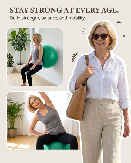 Mature woman demonstrating wall squats and seated side stretches with a green Trideer exercise ball.