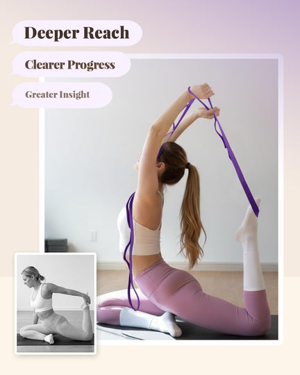Woman using a purple multi-loop stretching strap in a pigeon pose with her back foot raised.