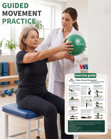 Woman practicing seated arm raises with a green Trideer mini ball under guidance, with an exercise guide shown.