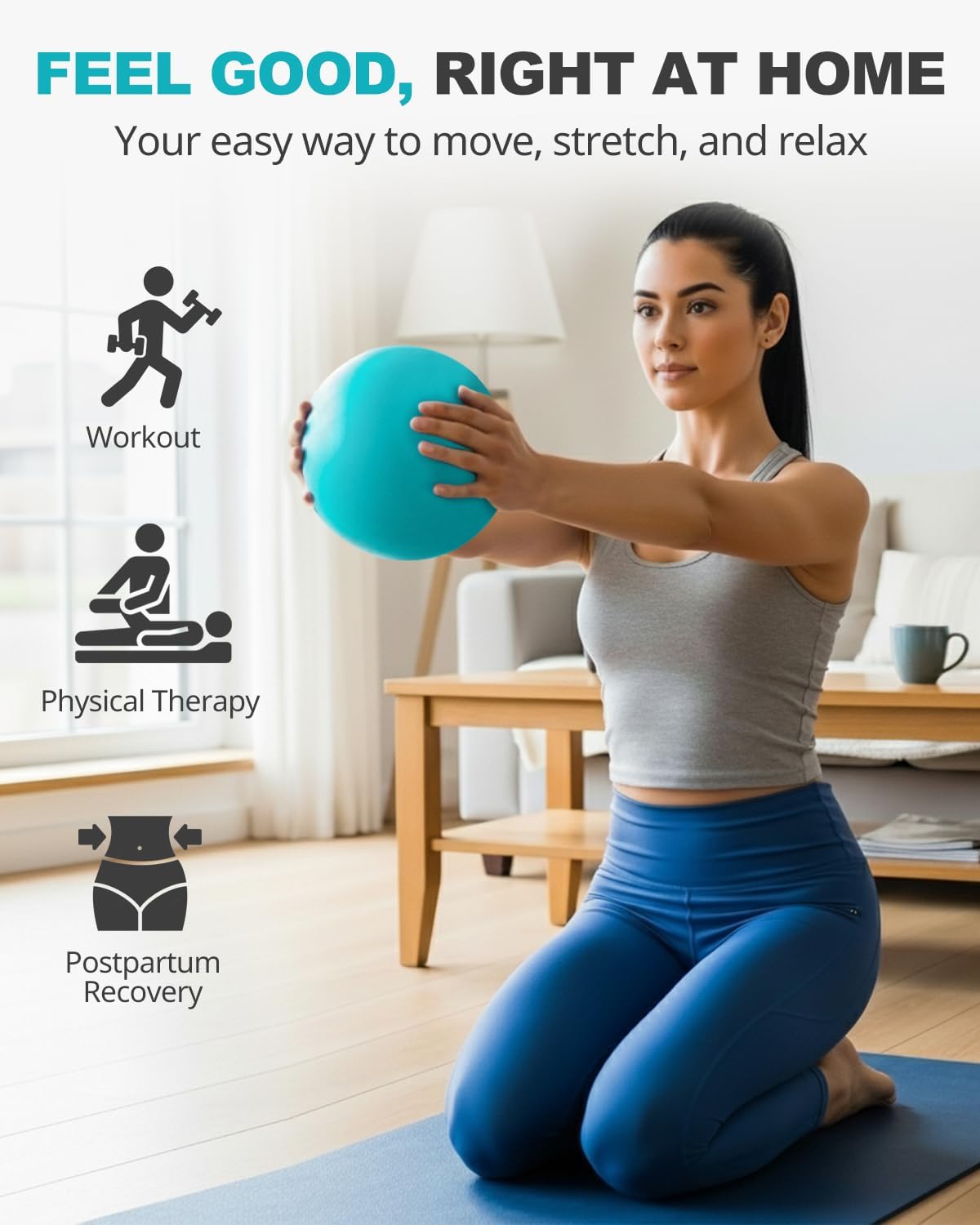 Woman kneeling on a yoga mat and holding a turquoise mini Pilates ball with arms extended forward.