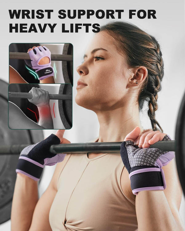 Woman wearing Trideer gym gloves for weightlifting exercise