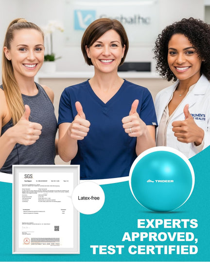 Trideer mini Pilates ball infographic showing three women giving thumbs up alongside a test report