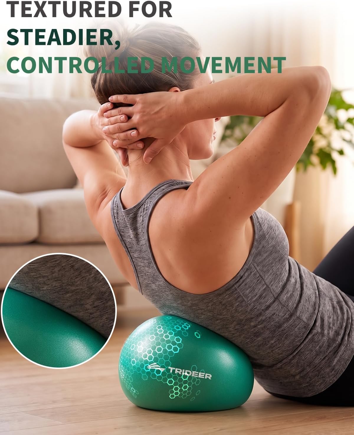 Woman performing a crunch with a green Trideer mini Pilates ball supporting her lower back.