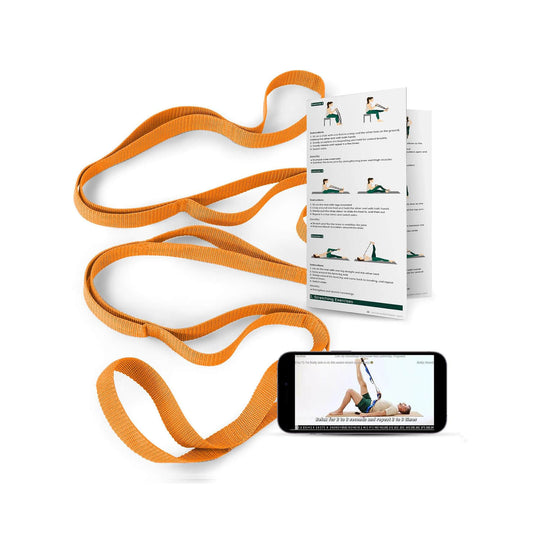 Person using Trideer 10-loop strap for lying hamstring stretch with leg raised to ceiling