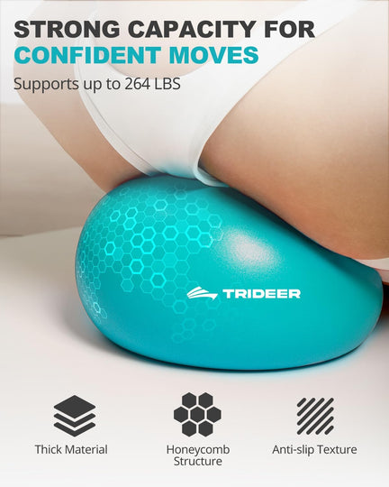 Close-up of a turquoise Trideer mini Pilates ball supporting the lower back, with surface texture highlighted.