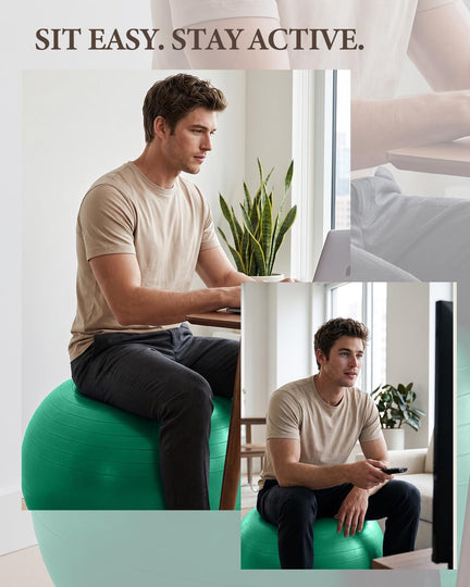 Man sitting on a green Trideer exercise ball while working at a desk and watching TV.