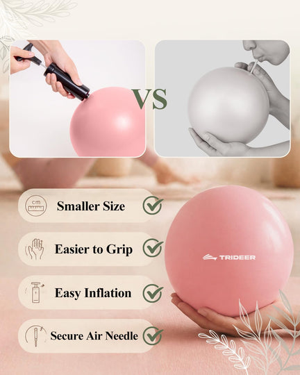 Pink Trideer mini Pilates ball with needle pump, comparing pump inflation with straw inflation
