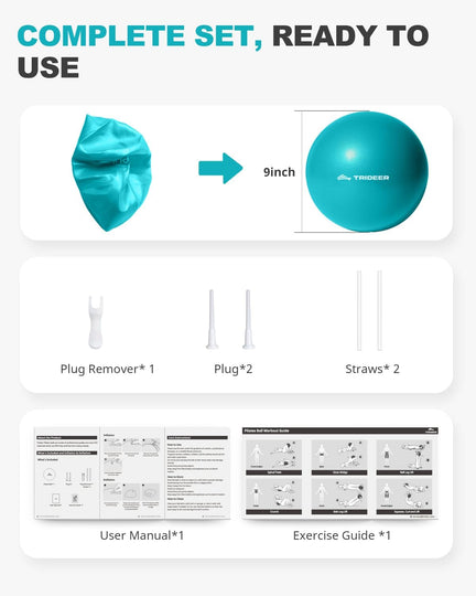 Trideer 9-inch mini Pilates ball with plug remover, two plugs, two inflation straws, user manual and exercise guide.