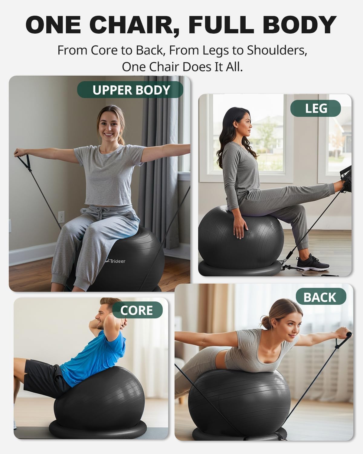 Upper body, leg, core and back exercises demonstrated with a Trideer ball chair and resistance bands