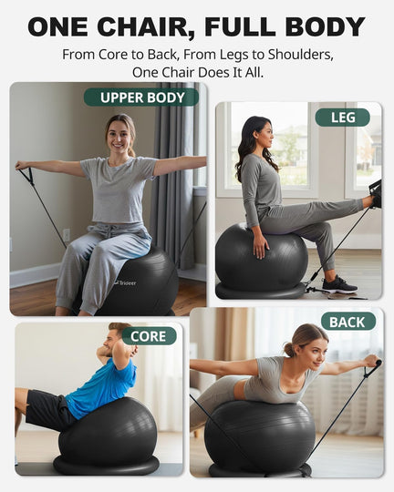 Upper body, leg, core and back exercises demonstrated with a Trideer ball chair and resistance bands