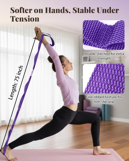 Woman stretching with a purple 75-inch strap in a lunge, with close-ups of its stitching and woven texture.