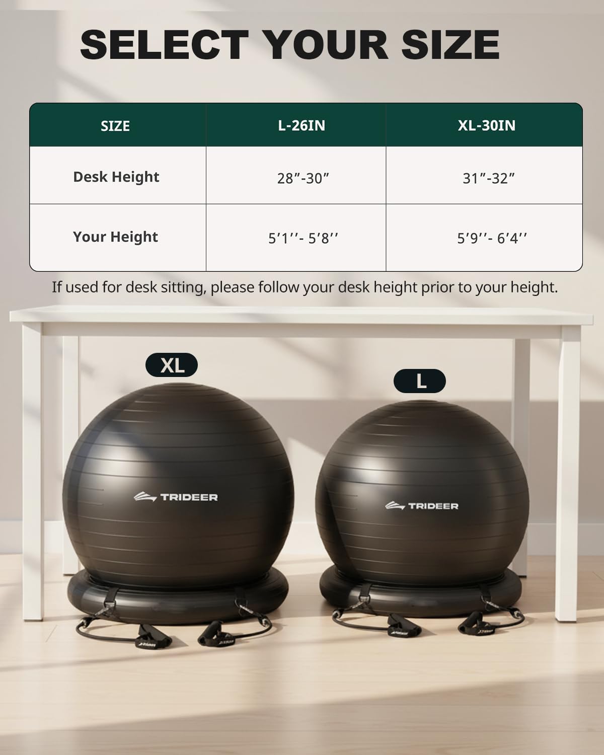 Trideer ball chair size guide comparing L 26-inch and XL 30-inch balls by desk height and user height