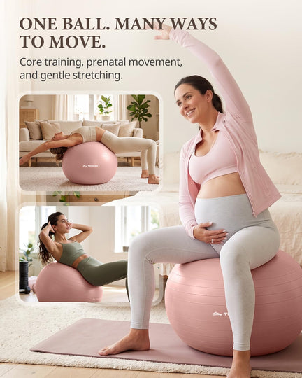 Women using a pink Trideer exercise ball for prenatal side stretches, back stretches and core exercises.