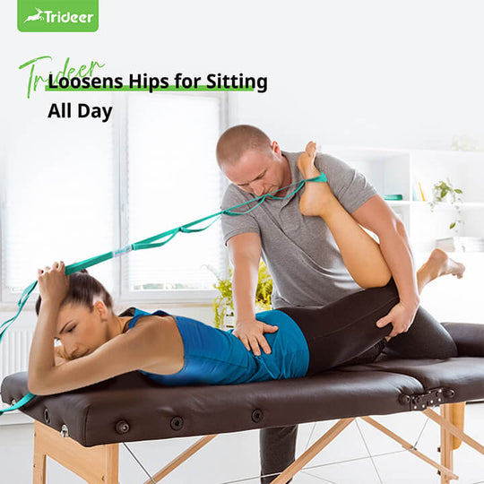 Woman using Trideer stretching strap for leg flexibility exercise
