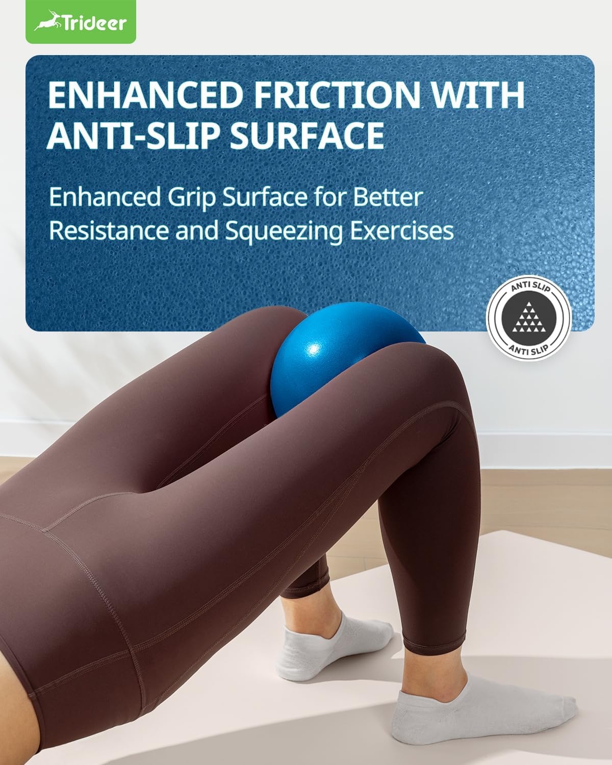 Soft exercise ball placed between knees for core strengthening