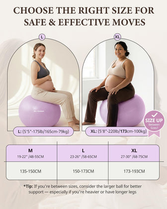 Trideer pregnancy ball size chart with M, L and XL options and seated positioning examples.