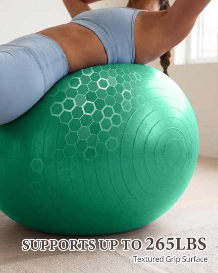 Woman leaning back on a green Trideer exercise ball, with a graphic highlighting its textured surface.