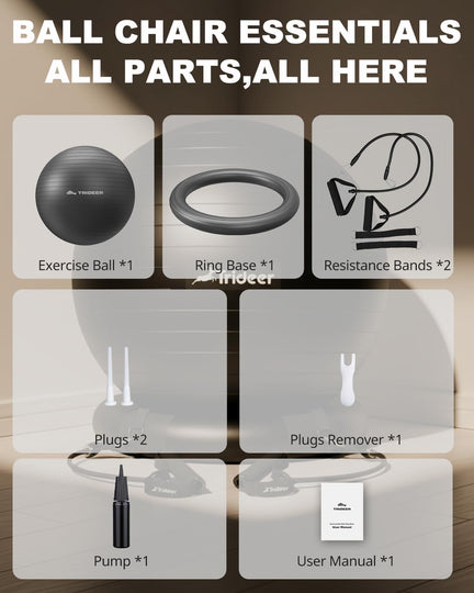 Trideer ball chair kit with exercise ball, ring base, two resistance bands, pump, plugs, plug remover and manual