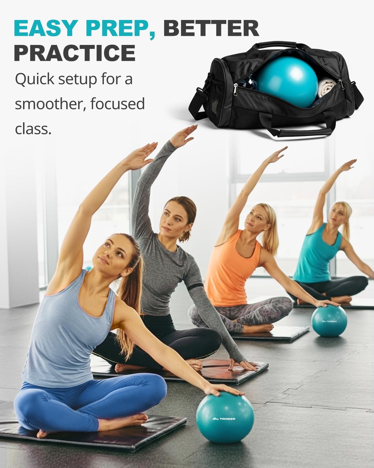 Women doing seated side stretches with turquoise mini Pilates balls, with a ball packed in a gym bag shown above.