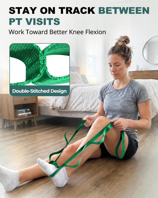 Woman seated on the floor using a green multi-loop strap around her foot to bend her knee, with a stitching close-up.