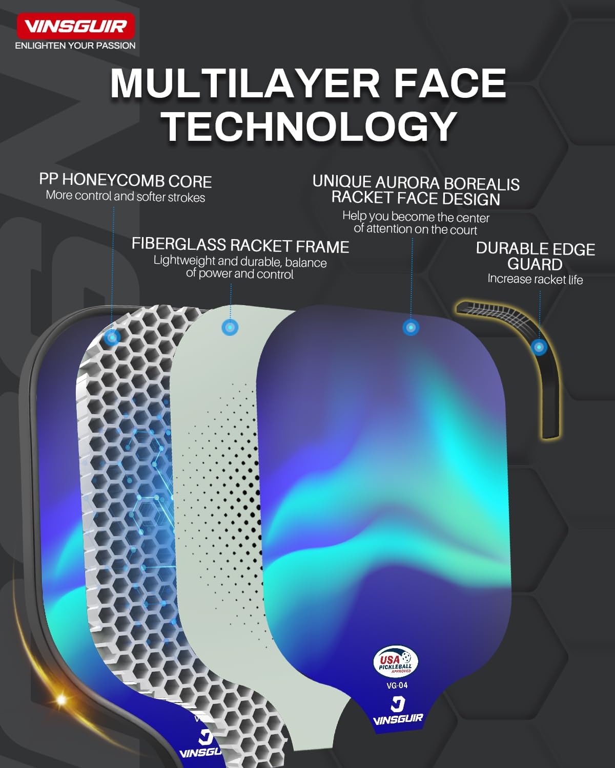 Vinsguir USAPA Approved Fiberglass Surface Pickleball Set