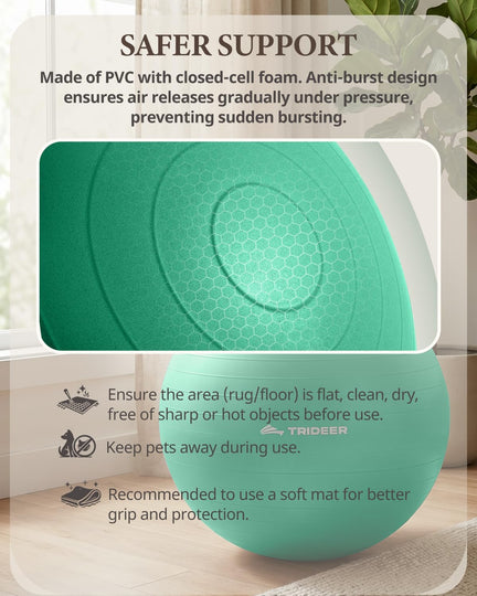 Trideer exercise ball safety guide with a surface close-up and precautions for use.