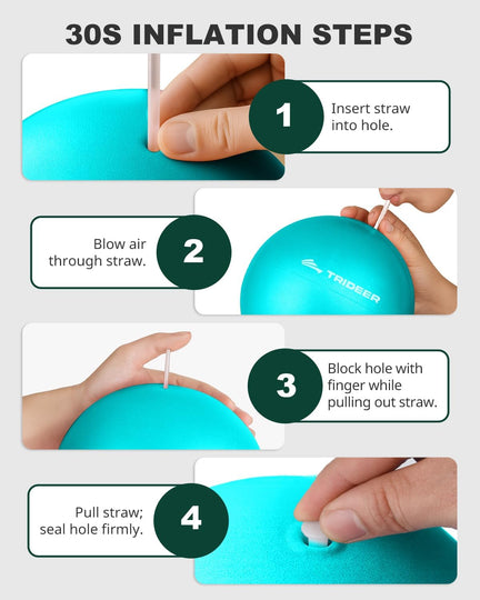 How to inflate a Trideer mini Pilates ball using a straw and seal the opening with a plug