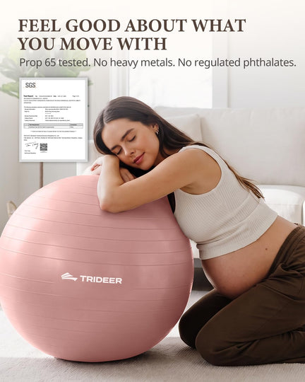 Pregnant woman resting her head and arms on a pink Trideer exercise ball, with a test report inset.