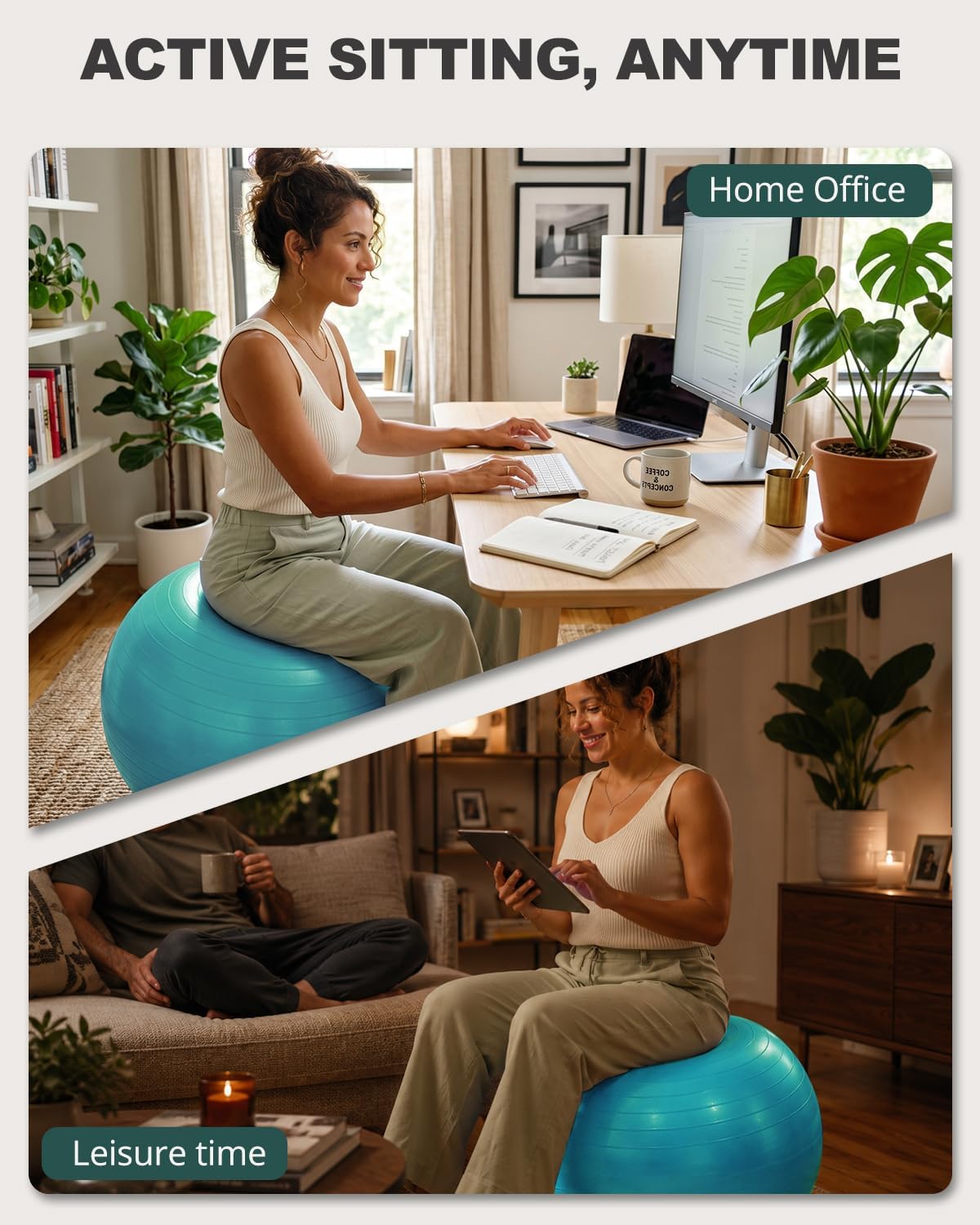 Trideer exercise ball in office, living room and home gym settings