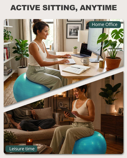 Trideer exercise ball in office, living room and home gym settings