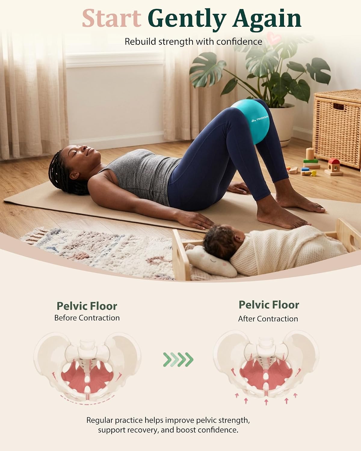 Woman lying with a turquoise mini Pilates ball between her knees, with pelvic floor contraction diagrams below.