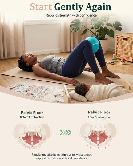 Woman lying with a turquoise mini Pilates ball between her knees, with pelvic floor contraction diagrams below.