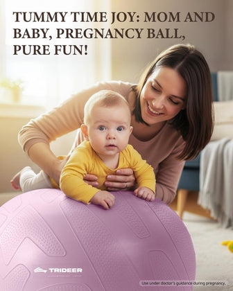 Mother supporting her baby during tummy time on a purple Trideer pregnancy ball.