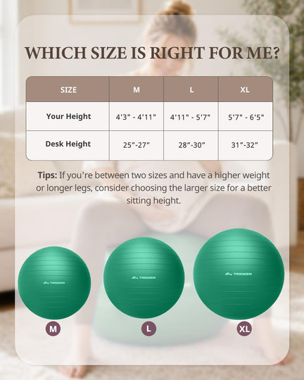 Trideer exercise ball size chart comparing M, L and XL options by user height and desk height.