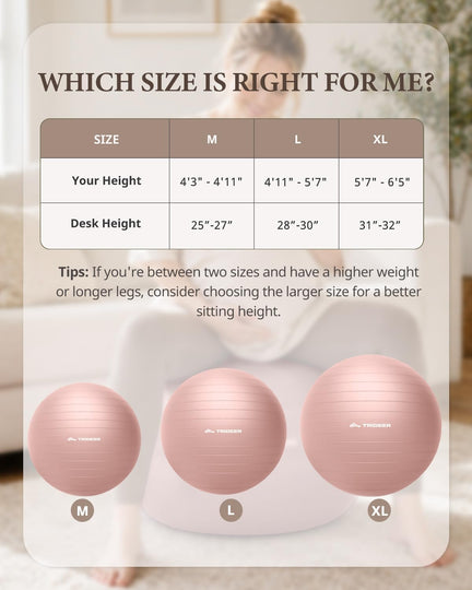 Trideer pink exercise ball size chart comparing M, L and XL options by user height and desk height.