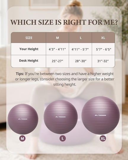 Exercise ball size guide 55cm 65cm 75cm 85cm for different heights