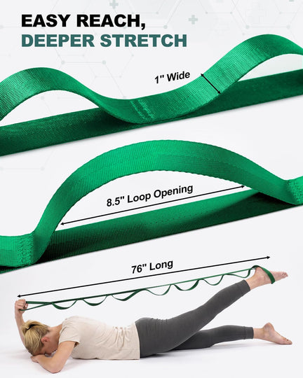 Green stretching strap showing 1-inch width, 8.5-inch loop openings and 76-inch length, with a prone leg stretch.