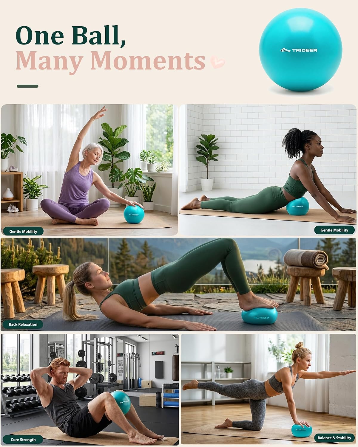 Turquoise Trideer mini Pilates ball used for seated stretches, backbends, bridges, crunches and balance exercises.