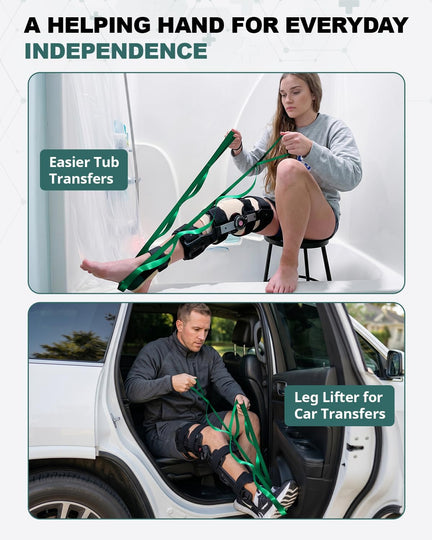 People using a green multi-loop strap to lift braced legs during bathtub and car transfers.