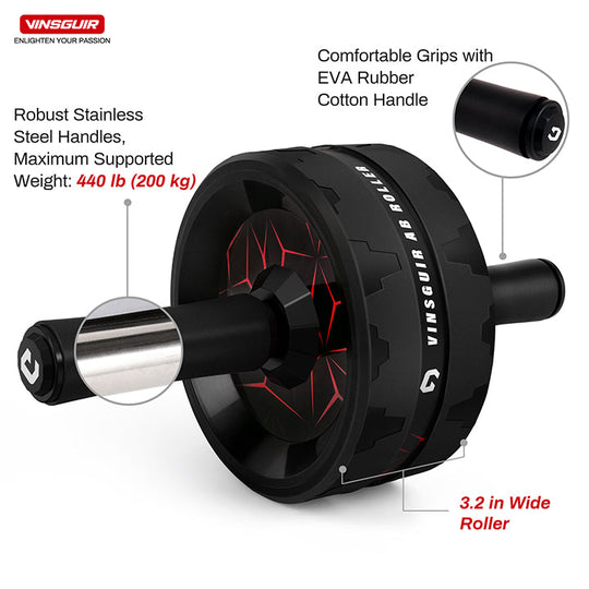 Close-up of Vinsguir dual wheel ab roller showing stable design and non-slip handles