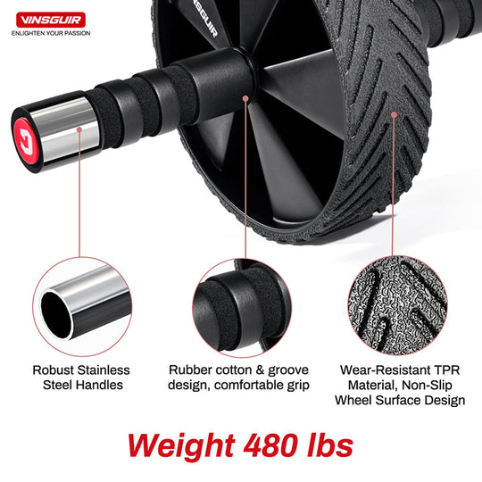 Close-up of Vinsguir compact ab roller showing non-slip handles and single wheel design