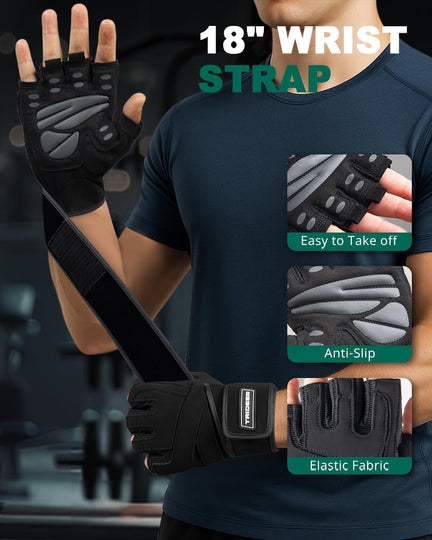 Trideer gym gloves with an 18-inch wrist strap, pull tabs and padded non-slip palms