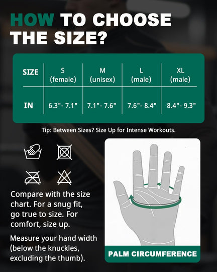 Trideer workout glove palm circumference size chart: S 6.3–7.1, M 7.1–7.6, L 7.6–8.4, XL 8.4–9.3 inches
